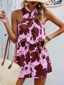 Women's Casual Sleeveless Romper, Cross Design, Summer Print Pattern, Perfect for Daily Wear and Outdoor Activities
