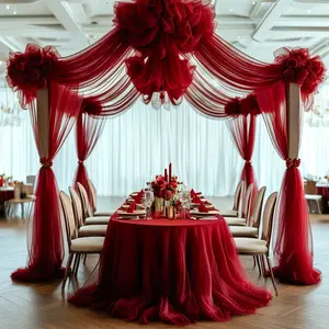 1pc, wine red wedding arch semi transparent thin gauze curtain, suitable for ceremonies, receptions, and parties, polyester rectangular background, elegant floral decoration, wedding decoration, tables, chairs, table flags decoration