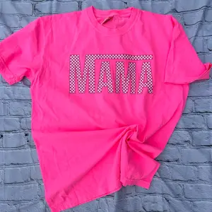 Neon pink checkered mama comfort colors tshirt