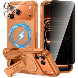 3 in 1 for iPhone 17 Pro Max Case [Compatible with MagSafe] [Invisible Kickstand] [Privacy Tempered Glass Screen Protector] [Camera Lens Protector], Protective Magnetic Phone Cover for iPhone 17 Pro Max(Orange)