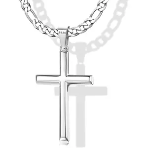 1 Pc 925 Sterling Silver Cross Pendant Necklace for Men, Stainless Steel Silver Cross Necklace 5mm Diamond Cut Figaro Chain, 18K White Gold Plated Cross Necklace for Women