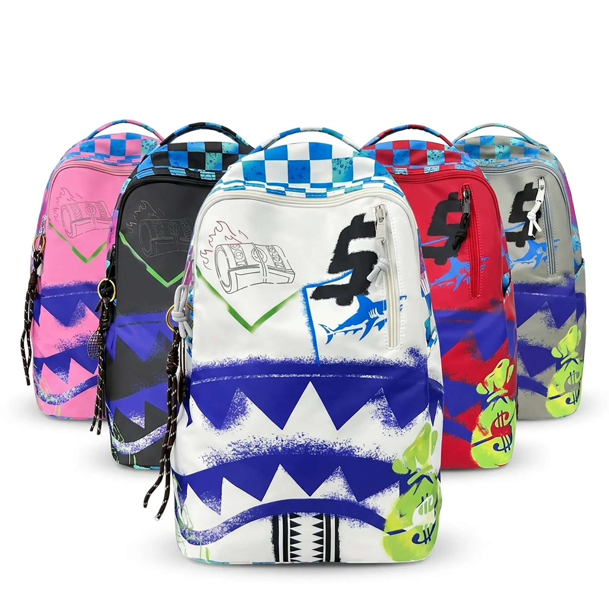 Shark Mouth Money Graphic Backpack Checkerboard Top Streetwear School Bookbag Laptop Travel Daypack for Teen Boys