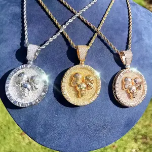 M2-2199 Iced Out 3 Skulls Pendant - See No Evil Hear No Evil Speak No Evil Hip Hop Necklace