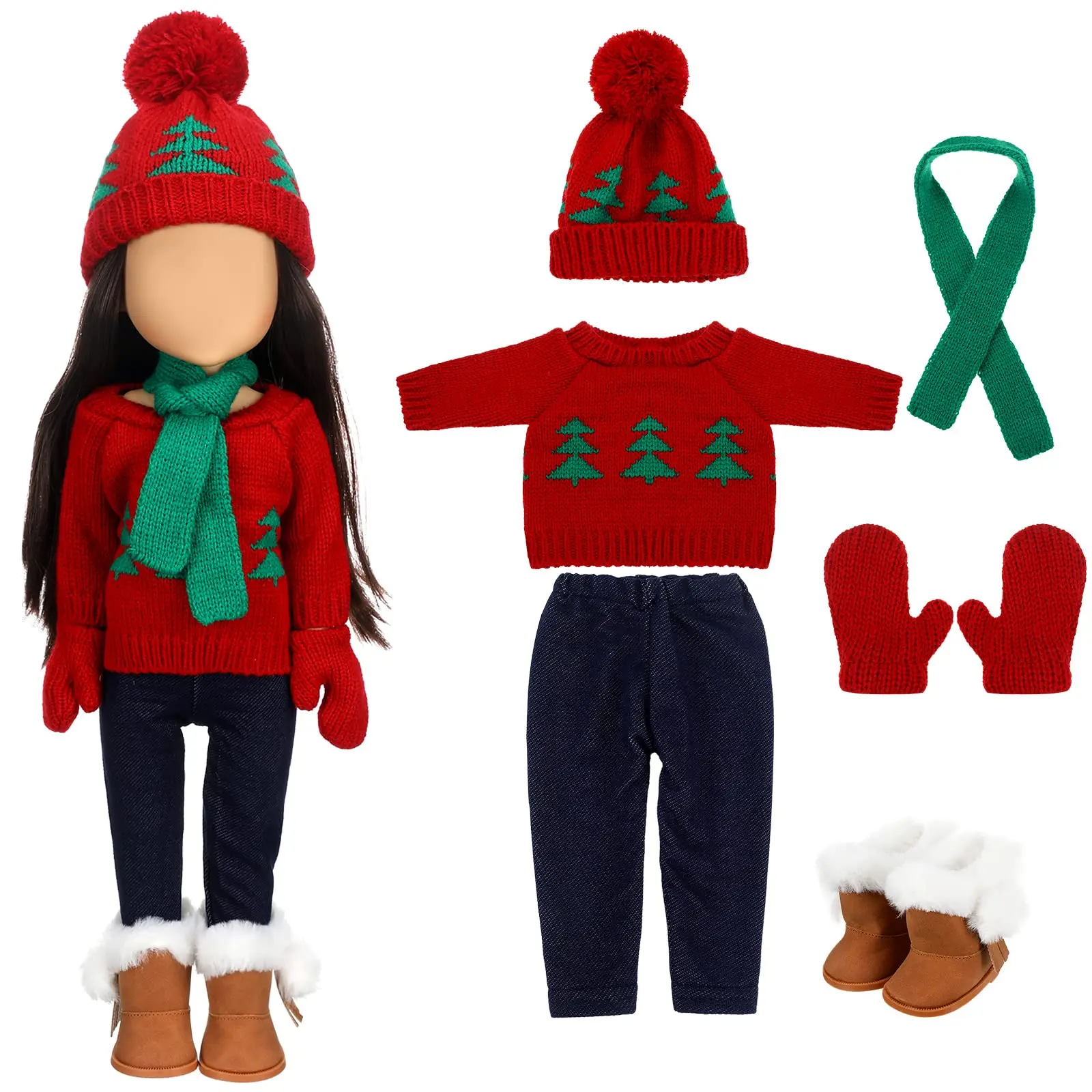 Christmas Doll Clothes Set, 6pcs Winter Outfit Accessories for 18 Inch Dolls (Dolls Not Included), Cute Santa Holiday Sweater Pants Hat Boots Scarf  Christmas Dress-Up Costume for American Girl Dolls, Christmas Gifts for Girls