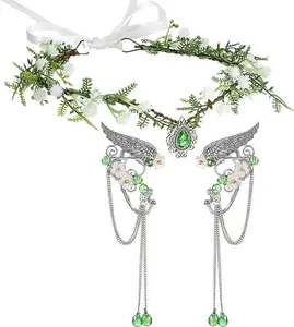Halloween Elves Cosplay Set Fairy Flower Crown Headpiece Elf Ears Cuffs Renaissance Costume Leaf Elves Wings Ear Cuff