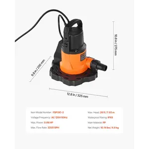 VEVOR Automatic Pool Cover Pump, 0.66 HP 3200 GPH, 120V Submersible Swimming Pool Cover Pump with 25 ft Power Cord, 26 ft Max Head Lift, Water Removal and Transfer Pump, for Pool Draining Hot Tubs