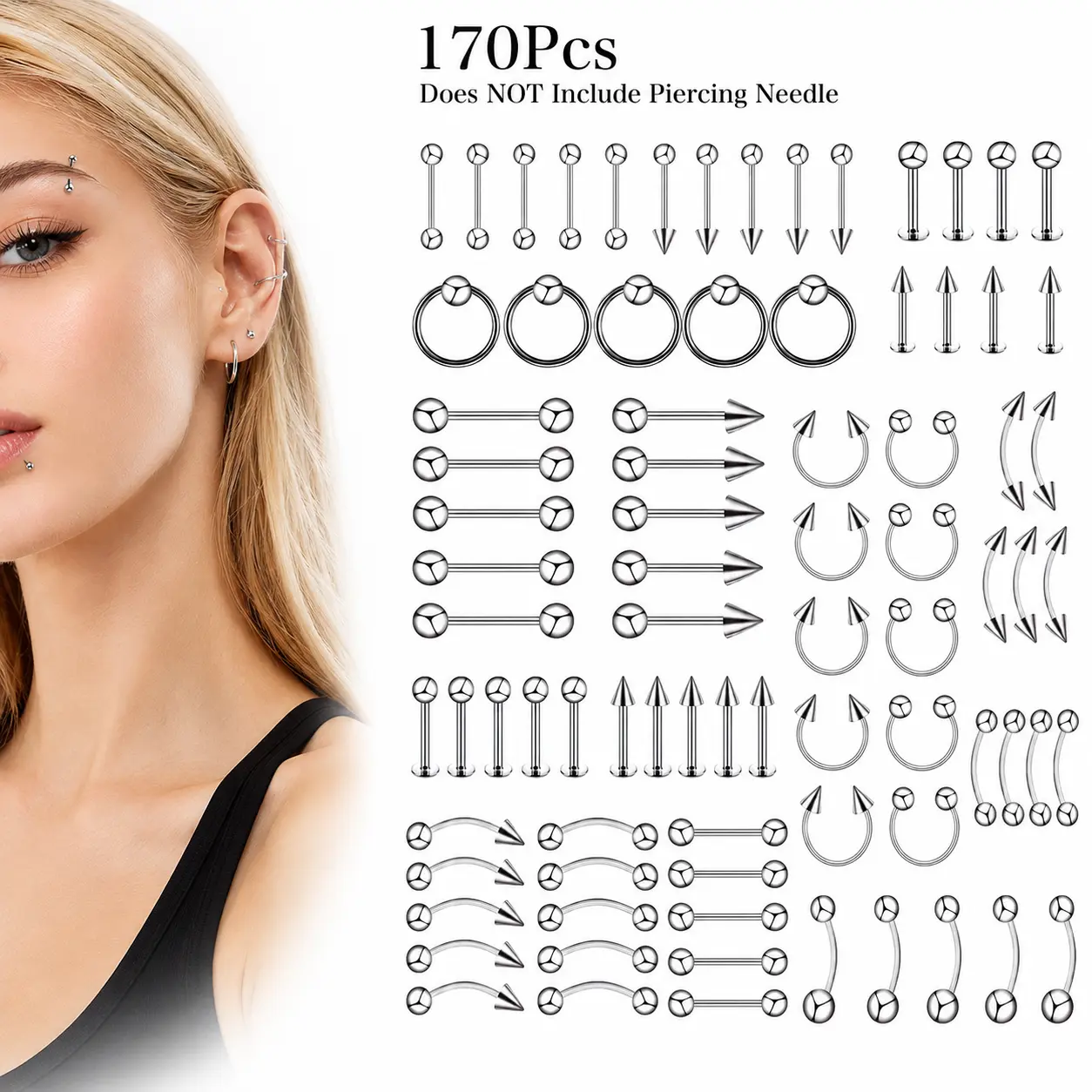 170PCS Piercing Kit Jewelry Stainless Steel Lip Nose Tongue Tragus Cartilage Daith Eeybrow Belly Button Rings Body Piercing Tools（Not include piercing needle !!! ）