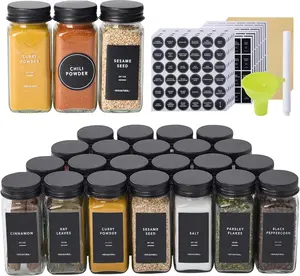 36 Glass  Jars with 576 Labels- Jars with Black Metal Caps, 4oz Empty Square  Containers with Shaker Lids, Funnel, Chalk Pen, Seasoning Bottles for  Rack, Drawer, Cabinet