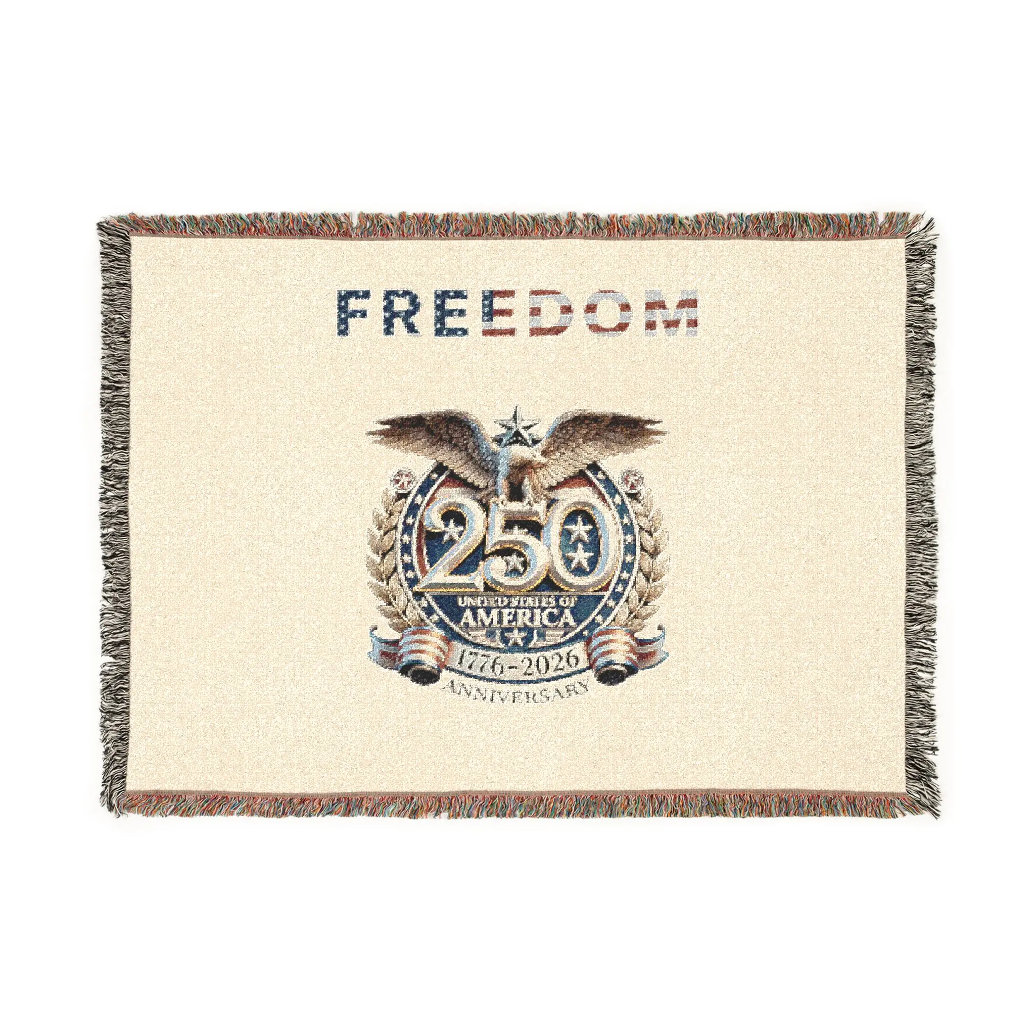 Cotton Woven Thread Blanket - Cozy Weave, Colorful Fringed Edges, Graphic Print Photo Artwork, 3 Multi-Size Options, 250th Freedom Anniversary Independence Day Wall Decor, Bedding Throw