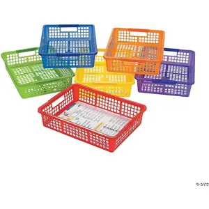 Fun Express Stackable Storage Bins 13x9.75x3 Inch - 6 Pack Colorful Plastic Storage Baskets with Handles for Classroom Organization| Paper Trays for Teachers, Office Storage & Home Organizing