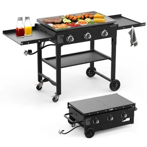 Bestfire 45000 BTU  3 Burner Flat Top Grill with Foldable Shelves,  35" Outdoor Propane Griddle with Porcelain-Enameled Cast Iron Grate for Camping & Outdoor Cooking Stainless Steel Bbq Portable Bbqs