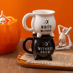 1count Halloween Witch Magic Potion Ceramic Cup with Handle - Two-tone White and Black Design, Crescent Moon and Star Decoration, No Electricity Needed, Horror Home Decoration Gift, Mysterious Theme Design, Exquisite Craftsmanship