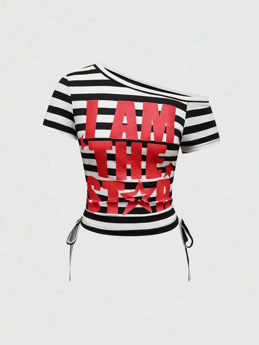 LUNA LAYER Womens Y2K Style Striped Patchwork Letter Print Drawstring Ruched T Shirt Red Casual Short Sleeve Top