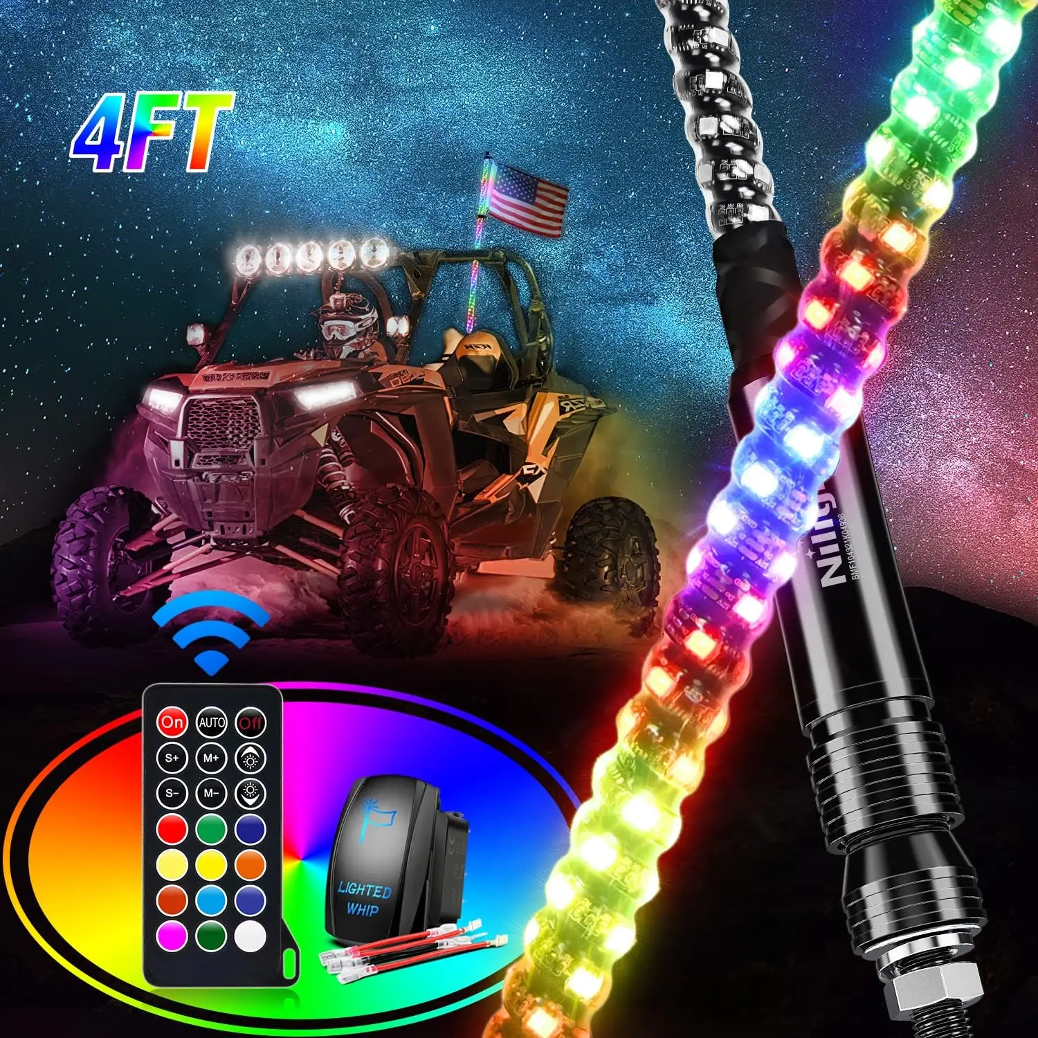 Nilight 1PC 4FT Waterproof Stainless Steel Spiral RGB LED Whip Antenna, RF Remote-Controlled Color Changing Chasing/Dancing LED Light Strips, Rocker Switch On, Offroad Fit for Can-Am ATV, UTV RZR