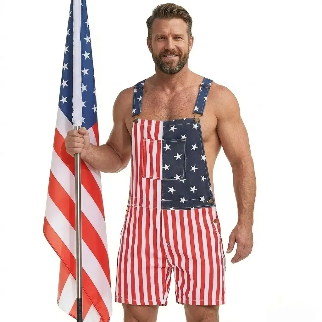 USA Patriotic American Flag Overalls – 4th of July & Memorial Day Outfit for Men & Women, Comfortable Stretch Romper for Couples (Runs Small, Size Up)