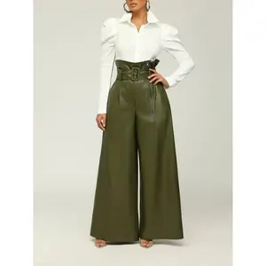 A Pair Of Women's High-waisted Faux Leather Wide-leg Trousers In A Casual, Loose Cut With Zipper Detail And A Solid Straight-leg Design, Suitable For Weekend Casual Wear And Suitable For All Seasons.