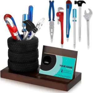 Feifeiya 7 Pcs Tire Pen Holder Tire Shape Funny Desk Accessories Include 6 Pcs Novelty Tool Car Business Card Holder Gift for Men Father's Day Mechanic Car Lover Salesman(Black,Walnut,Wood)