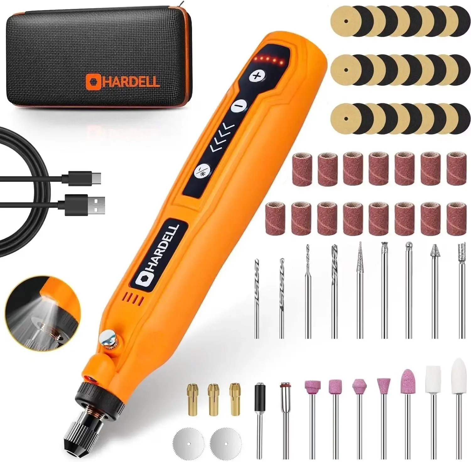 HARDELL Compact Lightweight Pen-Like Mini Cordless Rotary Tool Drill Kit - 3.7V 5-Speed (5000/7000/9000/12000/15000 RPM), 69 Carving Accessories, USB Charging, Batteries, LED Lights, 200 Minutes Runtime, Cutting, Sanding, DIY Projects, Polishing