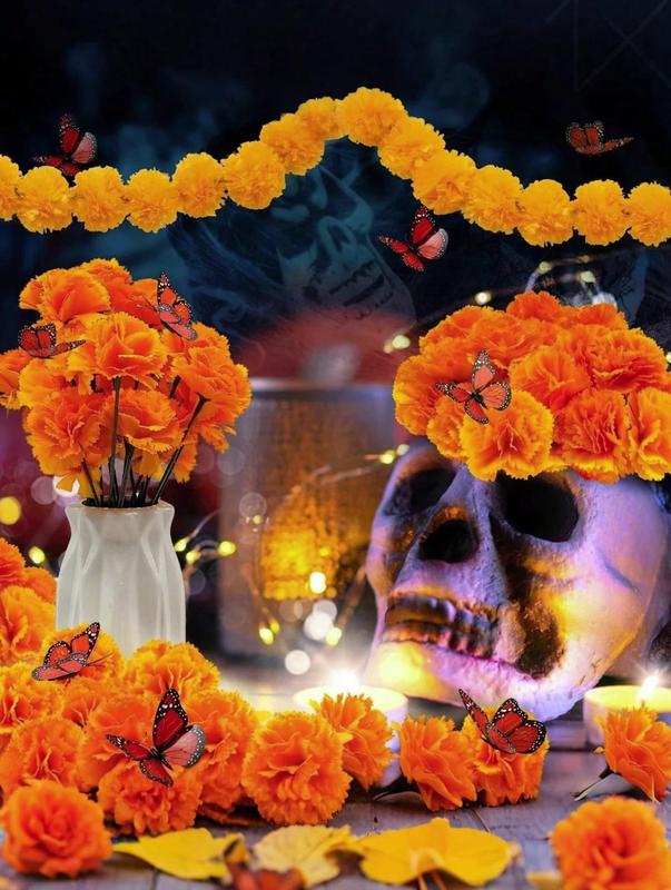 32Pcs Orange Artificial Marigold Butterfly Set Day Of The Dead Faux Flower Halloween Artificial Flower Head Marigold Garland For Diwali Decor, Traditional Decor, Marigold Garland For Decoration, Diwali Decorations For Home