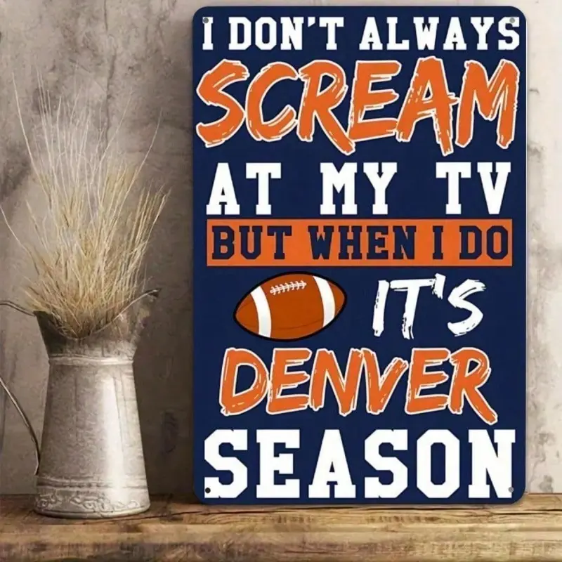 Denver Broncos Football Metal Tin Decorative Wall Sign - Vintage Metal Wall Art Decor Hanging Plaque for Man Cave, Game Day Fan Cave, Office & Home Decor, Novelty Decor, NFL
