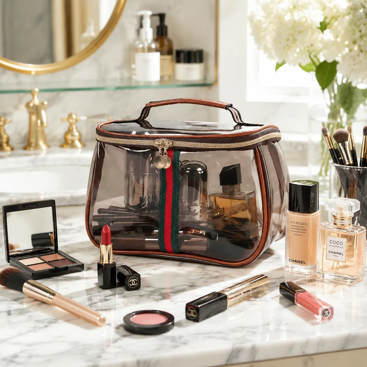 Women's 3-Piece Vintage Waterproof Transparent Makeup Bags, High-Capacity Retro Vanity Toiletry Bags with Wide Handheld Design, Chic Elegant Travel Storage Organizer Handheld Cosmetic Pouch