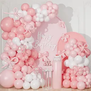 130-Pcs Latex Round Balloon Arch Kit, Retro Blush Pink Rubber Set with Pastel Pink & White Garland, Glue & Coquette Bow for Wedding, Girls' Birthday Decorations