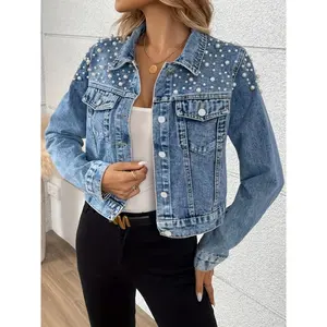 Large blue collar short denim jacket with multiple pearl shoulder decorations and button flap pockets - Women's button front is retro, elegant and fashionable, suitable for spring and autumn outings and dates. Large denim top