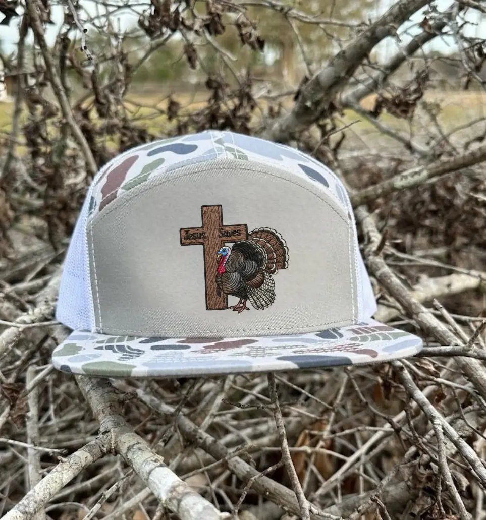 Jesus Saves Camo Trucker Hat – Christian Cross Turkey Hunting Snapback Cap – Faith Outdoor Hat for Men