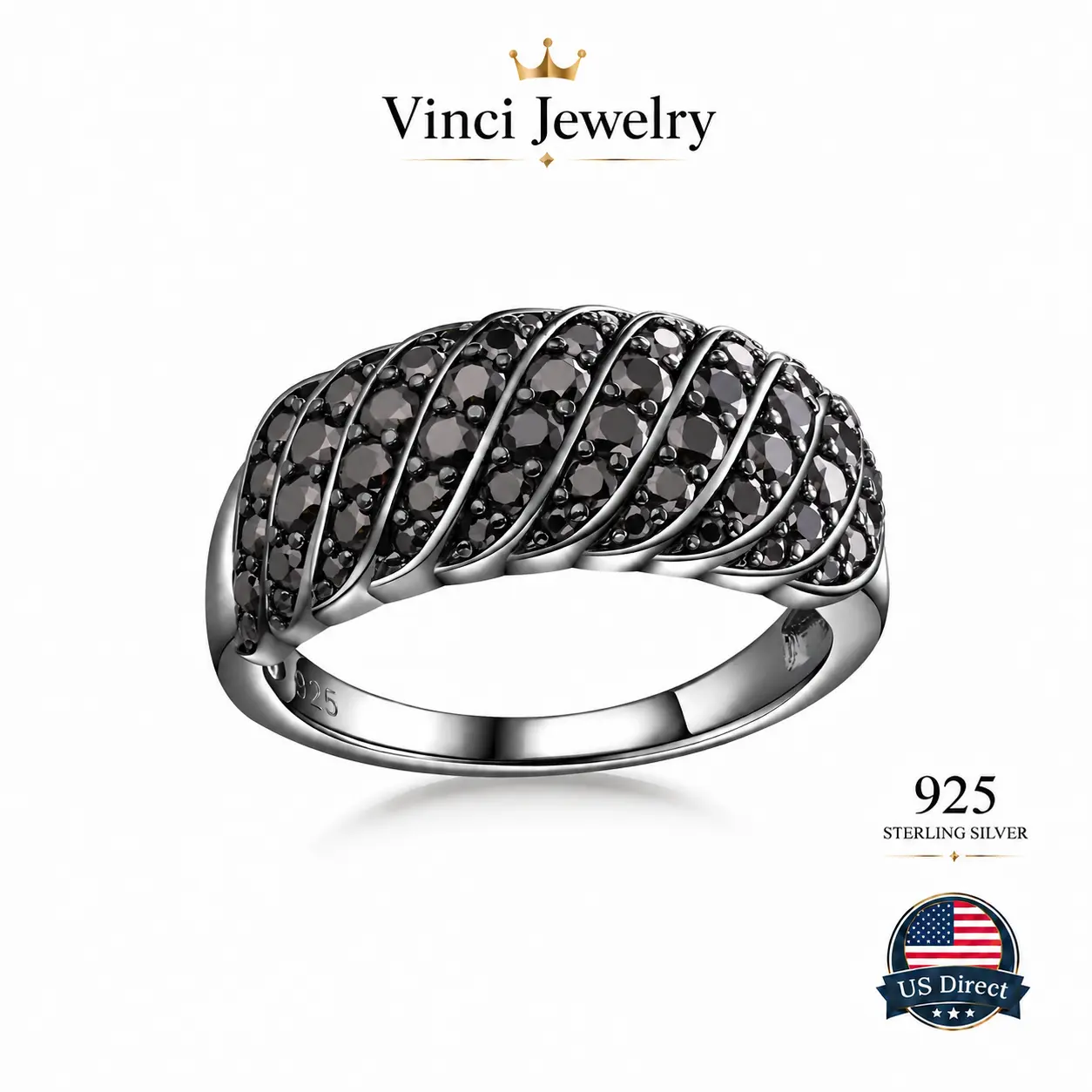 925 Synthetic Obsidian Ring with Cubic Zircon Design, Synthetic Spinel Paved Sterling Silver Black Plated Ring, Luxurious and Stylish Jewelry for Women, Perfect Gift for Lover, Girls, Friends as Birthday for Suit or Daily Wear, Party Band Rings Statement