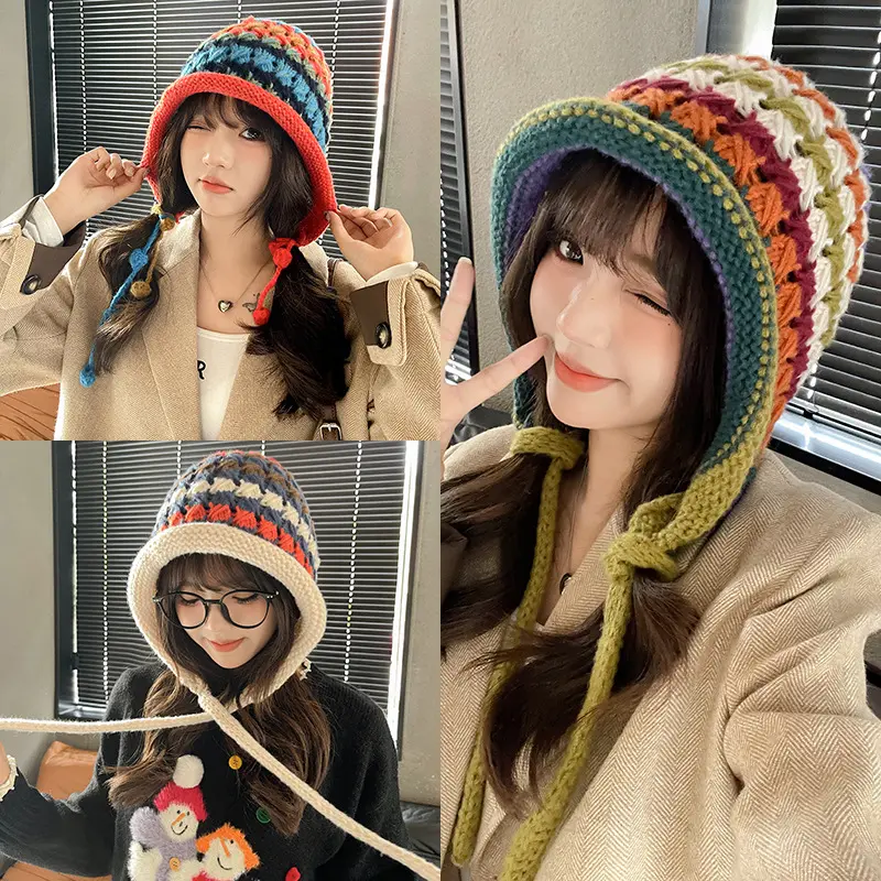 Handmade crochet wool hat ethnic style women autumn and winter fringed warm cold hat bohemian style ball knitted hat