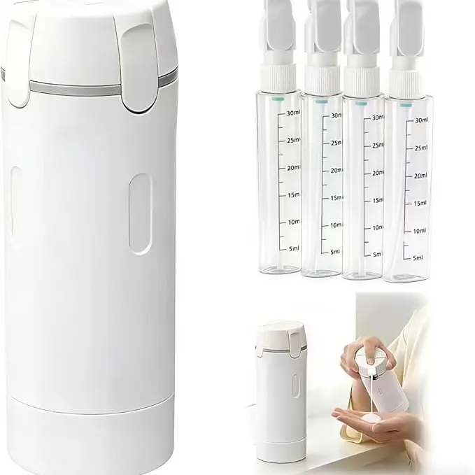 4-in-1 ABS Plastic Cylindrical 30 ml Travel Toiletry Dispenser Decanting Set, Minimalist Lightweight Durable Compact Easy-Press Holder, Double-Sealed Caps Leak-Proof, Integrated Measurement Scales for Shampoo Lotion Facial Cleanser (Great Adult Gifts)