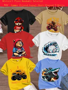Boys Summer Casual Shark Truck Print Short Sleeve T-Shirt, Comfortable Loose Fit, Cartoon Pattern, Random Style, Perfect Gift