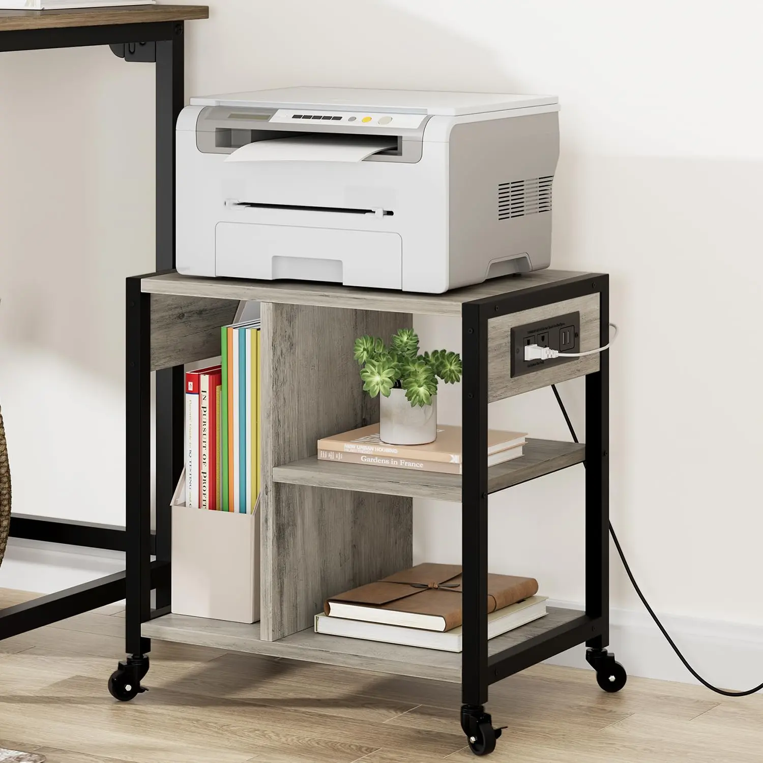 【GARVEE】Under Desk Printer Stand with Power Outlets, 3-Tier Desktop Storage Shelf, Small Mobile Printer Table with Rolling Wheels for Office and Home Use, Rustic Gray Finish