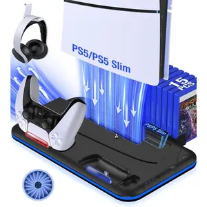 ESYWEN PS5 Stand with Cooling Station and Controller Charging Station for PlayStation 5 Slim Console, PS5 Controller Charger, Cooling Stand, LED Light, Headset Holder for PlayStation 5 Accessories