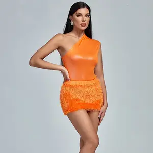 Slant Shoulder Bodysuit Feather Yarn Skirt Set