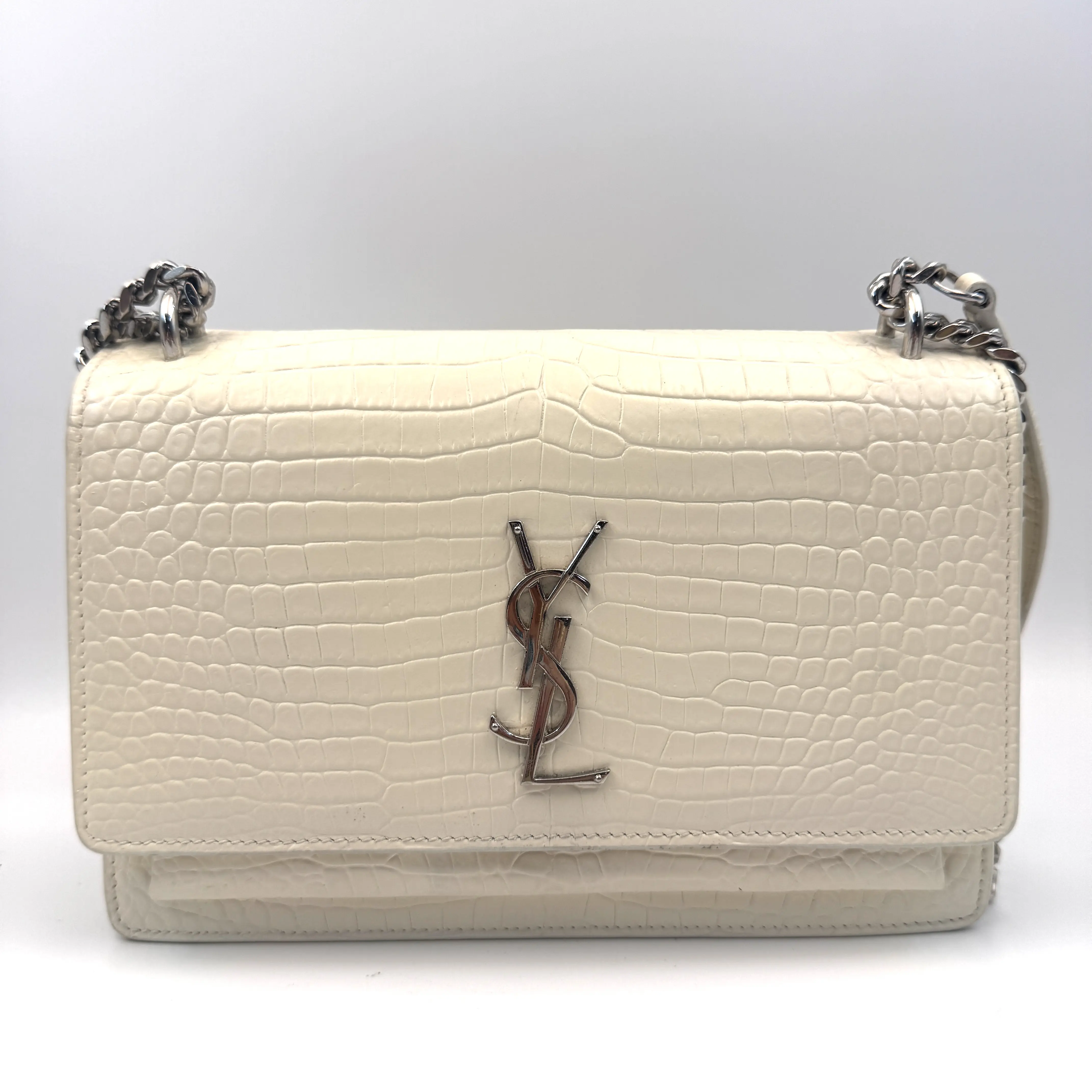 Pre-owned Yves Saint Laurent SAINT LAURENT Sunset Medium Chain Bag Ivory Croc Embossed Leather Silver Hardware 24517998