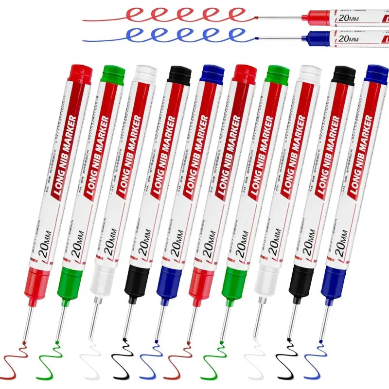10-Pcs PP Plastic Long Head Deep Hole Permanent Marker Set - 20mm Nib, Quick-Dry, Waterproof, Sturdy Carpenter Pens for Carpentry Tools, Marks Dry Surfaces, Ruler Side Compatible Office Stationery Writing Tool (Book Shelf Marking Use)