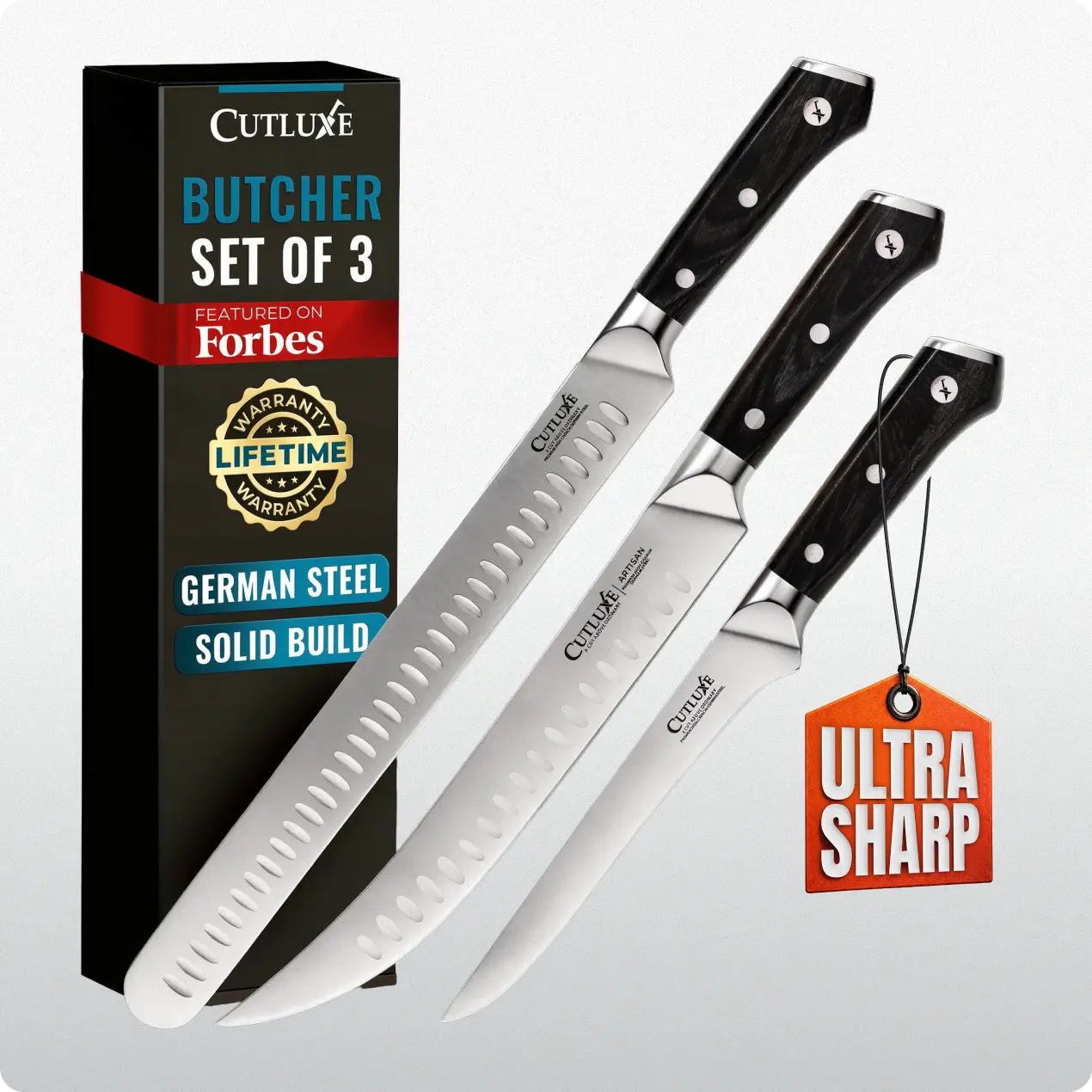 Cutluxe Butcher Knife Set 3-Piece | Brisket, Cimeter, Boning Knife Cutluxe Butcher Knife Set 3-Piece | Brisket, Cimeter, Boning Knife