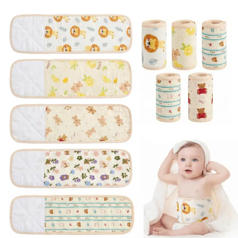 Baby Belly Band Pack (5-Pack), Soft Gauze Wraps with Cute Animal Prints, Adjustable Cord Area Shield for Newborns 0–12 Months, Navel Protection & Daily Care, Maternity Belly Belt