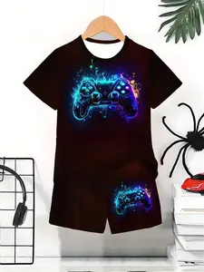 Boys' Neon Gaming Controller Short Sleeve Set, Summer Breathable Sports Two-Piece, Outdoor Wear, Birthday Gift, Holiday Present