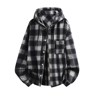 Shaved thickened hooded long-sleeved plaid shirt, spring lazy sweater jacket, retro flannel button-down shirt, fashionable business casual shirt jacket, same style for men and women, Valentine's Day, school season