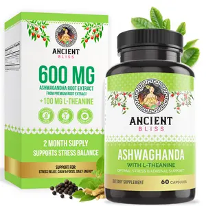 Ancient Bliss Ashwagandha with L-Theanine & Black Pepper Extract Capsules for Energy & Mood Support Vegan Gluten-Free 60 Count - Healthcare