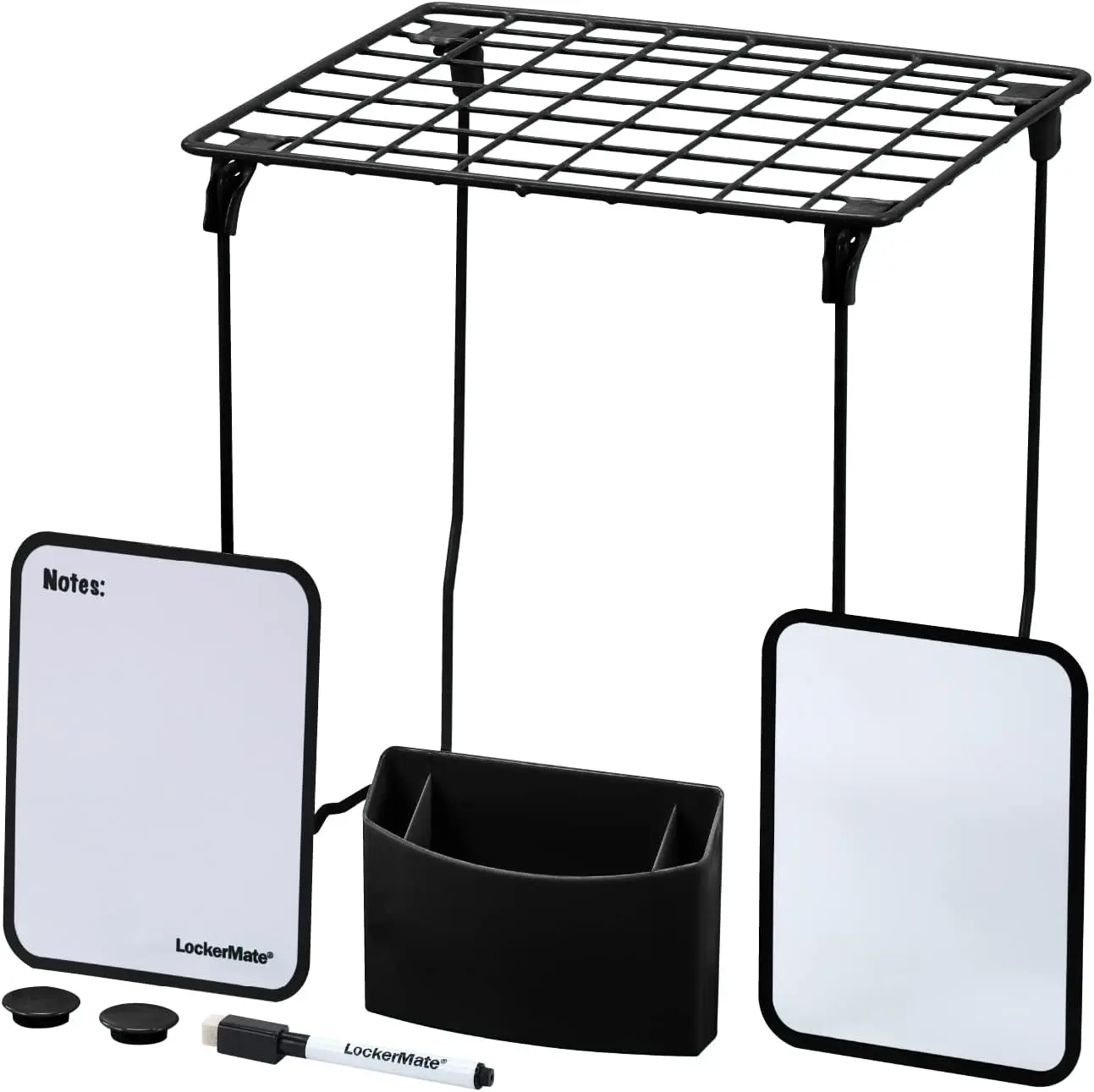 Lockermate 7-Piece Locker Organizer Kit, Includes Locker Shelf, Mirror, Whiteboard, Storage Cup & Dry Erase Marker - Black LockerMate