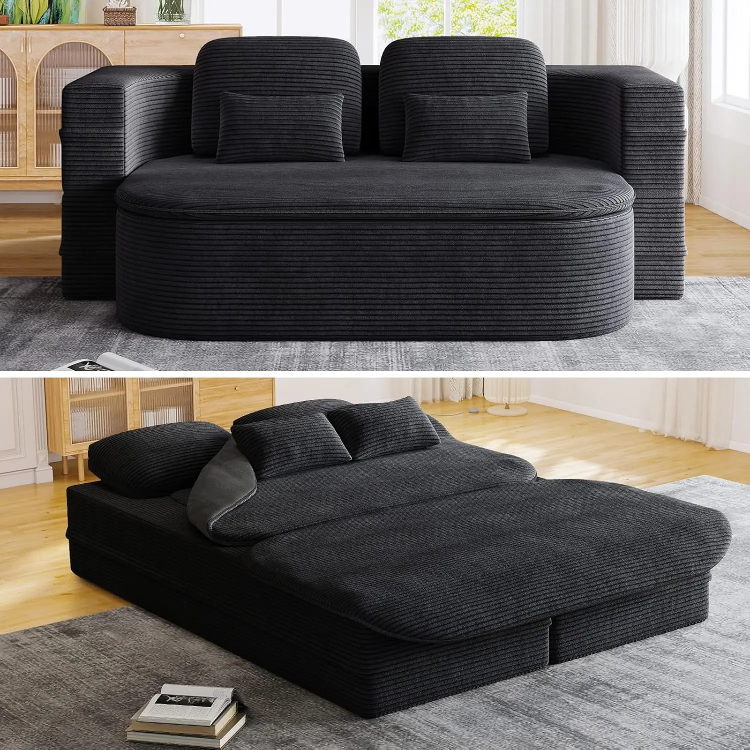 Convertible Sleeper Sofa, Modern Folding Futon Corduroy Floor Foam Compression Loveseat Sofa Bed Couch, Foldable Full Size Guest Bed with 4 Pillows for Living Room Bedroom Apartment, Black