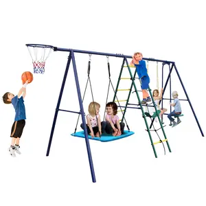MERSCO 6 in 1 Swing Set With Climbing Ladder, Climbing Net, Glider, Hammock Swing, Belt Swing, Basketball hoop for Backyard, Adjustable, Playground Equipment