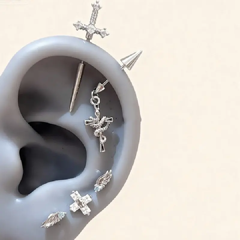 Exquisite snake wrapped cross earrings, devil nails, titanium steel earrings, stud earrings, snake shaped earrings