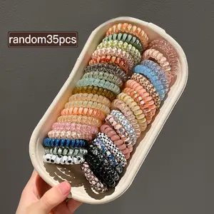 Random 35pcs Colorful And Elegant Hair Ties for Women with High Elasticity, Resembling Telephone Coils