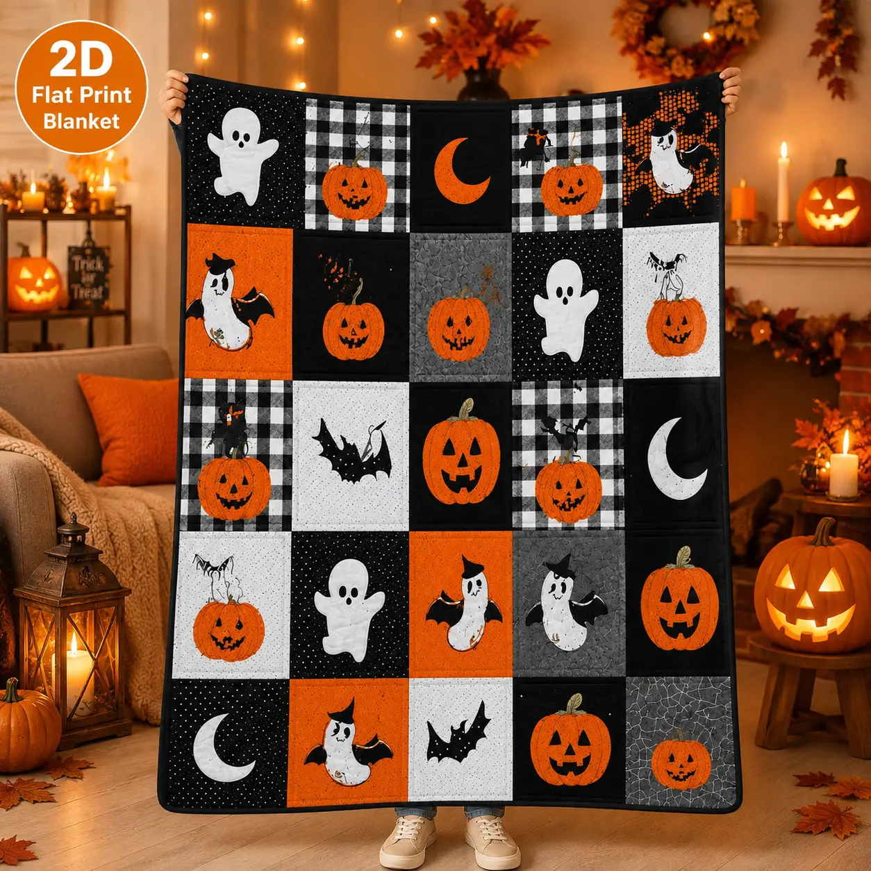 Halloween Pumpkin Ghost 2D Flat Print Flannel Blanket,Spooky Fall Throw for Movie Night Lounges, Soft Sofa Bed Cover with Cute Haunted Artwork, October Bedroom Accent & Holiday Gift for Kids Teens and Halloween Lovers