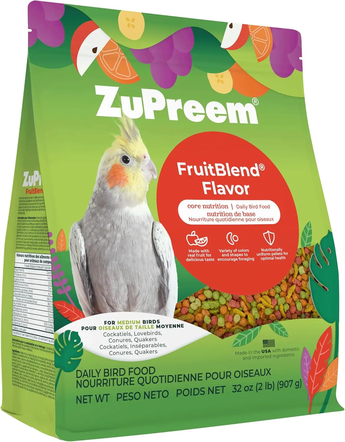 ZuPreem FruitBlend Bird Food, Bird Feed Pellets for Cockatiels, Lovebirds, Quakers, Small Conures & Lorikeets, Core Nutrition with Natural Fruit, Cockatiel Food, Conure Feed, (Medium, 2 lb Bag)