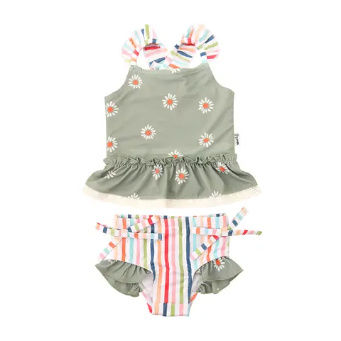Rae RUFFLE TANK SWIM SET for Kids - Soft Stretchy UPF 50+ Protection - Peplum Fit with Delicate Trim - Full Coverage Bottoms - 3-6m to 6/78 Sizes - 85% Polyester 15% Spandex